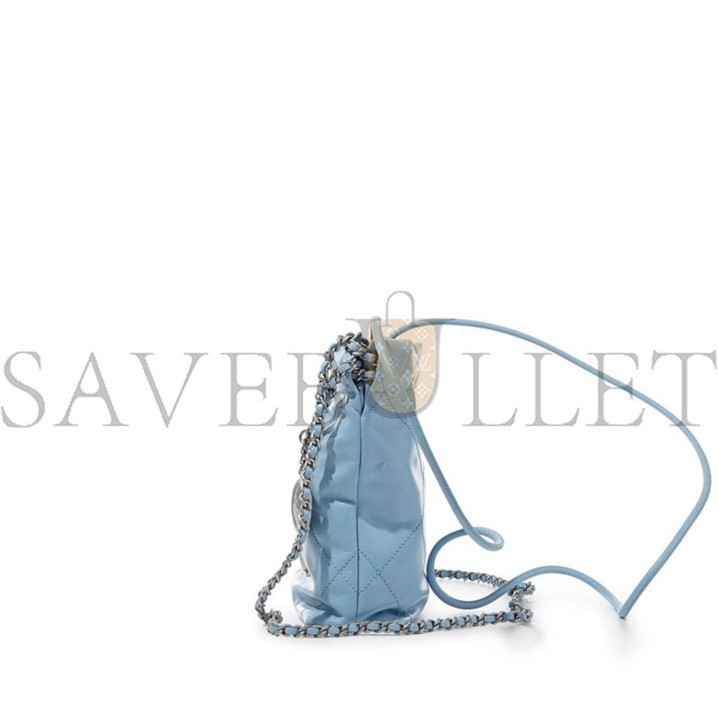 CHANEL LIGHT BLUE QUILTED CALFSKIN MINI 22 BAG SILVER HARDWARE AS3980 (20*19*6cm)